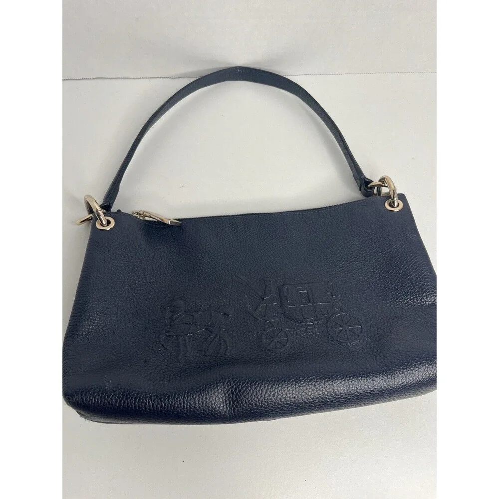 Coach Embossed Leather Horse Carriage  Shoulder Handbag Navy Blue Leather HTF